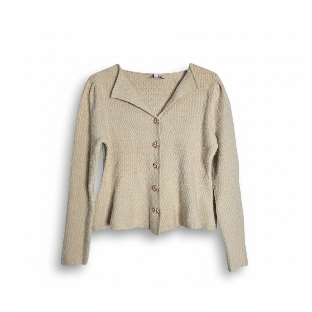 Nanette Lepore Pearl Button Textured Knit Cardigan Off White Cream Rayon Medium - Picture 11 of 15